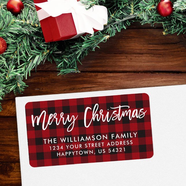 Pinselschrift Frohe Weihnachten Rote Karierte Adre Adressaufkleber (Customize to change your personalized text size or style.)
