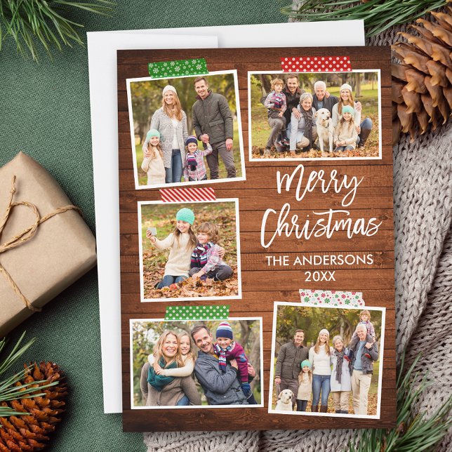 Pinselschrift Frohe Weihnachtsholzkunstband Feiertagskarte (Customize to add text or more photos to back of card.)