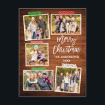 Pinselschrift Frohe Weihnachtsholzkunstband Postkarte<br><div class="desc">Modernes Pinselskript Frohe Weihnachten 5 Foto Collage mit Craft Tape Holiday Postcard. Rustikales Landholz.</div>