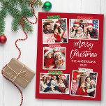 Pinselschrift Frohe Weihnachtskraft Red Postkarte<br><div class="desc">Modernes Pinselskript Frohe Weihnachten 5 Foto Collage mit Craft Tape Holiday Postcard. Roter Hintergrund.</div>