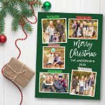 Pinselschrift Frohe Weihnachtskraft Tape Grün Postkarte<br><div class="desc">Modernes Pinselskript Frohe Weihnachten 5 Foto Collage mit Craft Tape Holiday Postcard. Grüner Hintergrund des Waldes.</div>