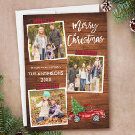 Pinselschrift Kariertes Kunsthandwerk Tape Wood Tr Feiertagskarte<br><div class="desc">Modernes Pinselskript Frohe Weihnachten 3 Foto Collage Holiday Card beinhaltet Red Kariert Craft Tape und Watercolor Vintag Red Truck mit Weihnachtsbaum. Rustikales Landholz.</div>