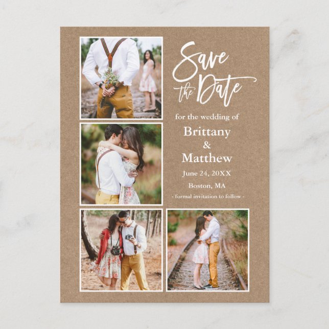 Pinselschrift Kraft Save the Date Paar 4 Foto Postkarte (Vorderseite)