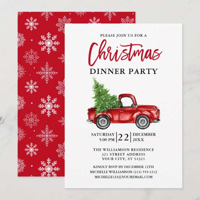 Pinselschrift Red Truck Snowflakes Weihnachts-Part Einladung (Vorne/Hinten)