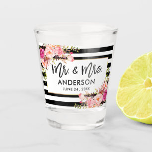 Pinselschrift Rosa florale gestreift Mr. und Mrs. Schnapsglas