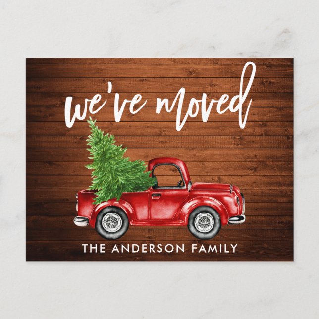 Pinselschrift Rustikale Adressenänderung Red Truck Postkarte (Vorderseite)