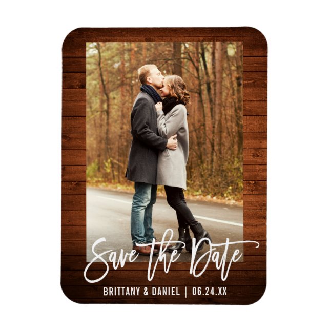 Pinselschrift Rustikales Holz-Foto Save the Date Magnet (Vertikal)