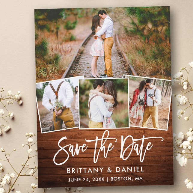 Pinselschrift Rustikales Holz Save the Date 4 Foto Postkarte (Customize to change your personalized text size or text style.)