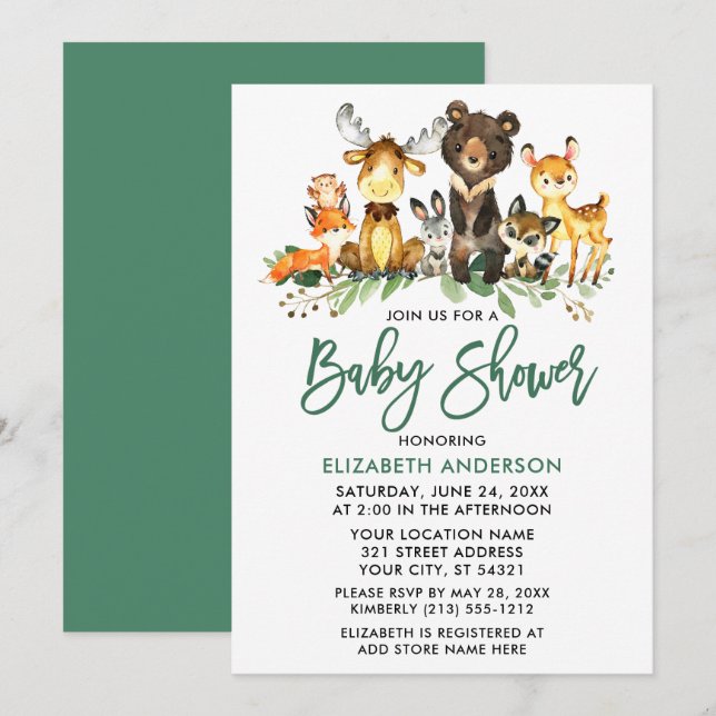 Pinselschrift Watercolor Woodland Animals Dusche Einladung (Vorne/Hinten)