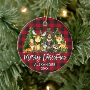 Pinselschrift Weihnachts-Woodland-Tiere Kariert Keramik Ornament