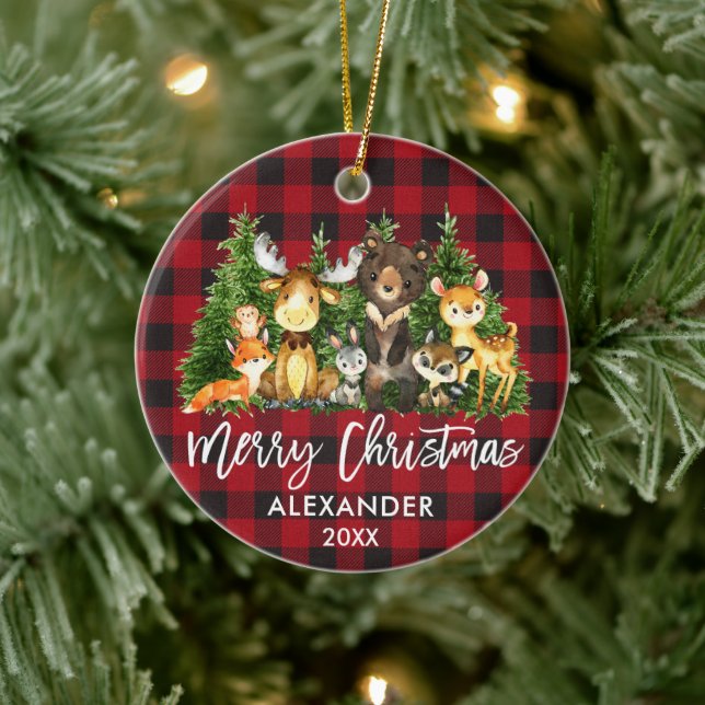Pinselschrift Weihnachts-Woodland-Tiere Kariert Keramik Ornament (Baum)