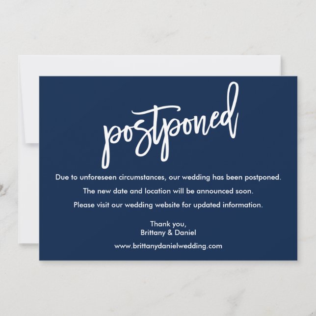 PinselskriptWedding Postponed Navy Blue Card Save The Date (Vorderseite)