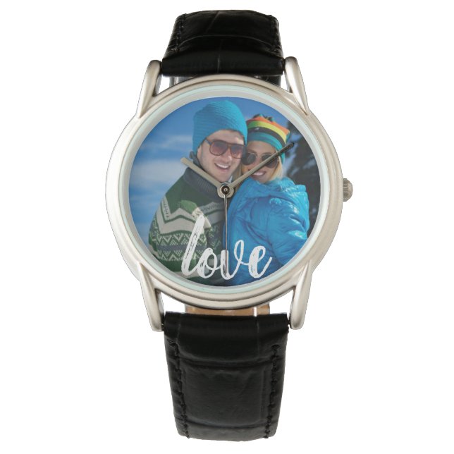 Pinselstrich Liebe Typografie Personalisiert Foto  Armbanduhr (Vorderseite)