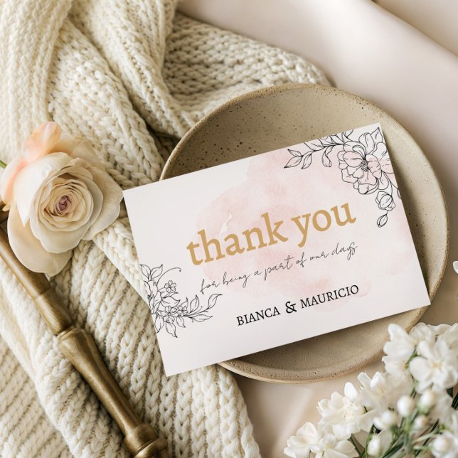 Pinselstrich mit schwarzer Flora Danke Mitteilungskarte (Blush Brushstroke with Black Floral Thank You Note Card)