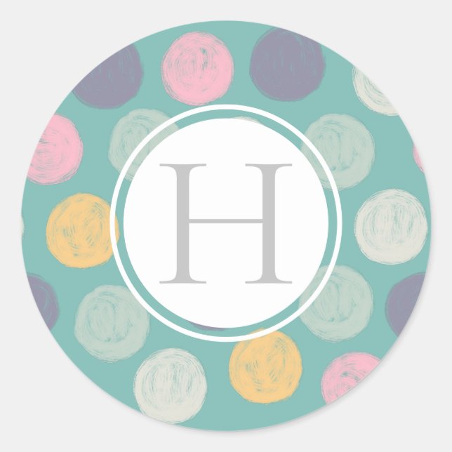 Pinselstrich pastellfarben polka dot monogramm runder aufkleber (Vorderseite)