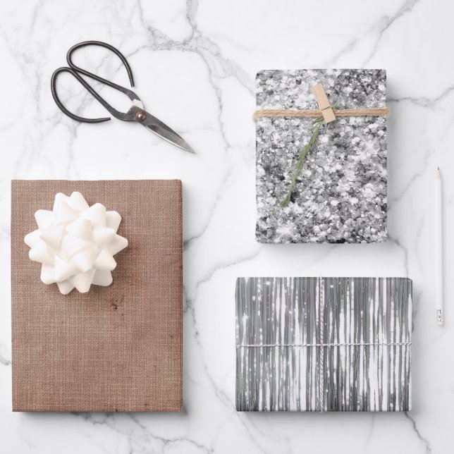 Pinselstriche Imitate Linen (Leinenlook) Silber Gl Geschenkpapier Set (Vorderseite)