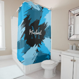 Pinselstriche in blauen Farbtönen mit Monogramm Duschvorhang