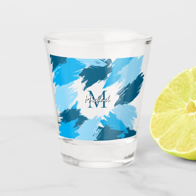 Pinselstriche in blauen Farbtönen mit Monogramm Schnapsglas (Vorderseite)