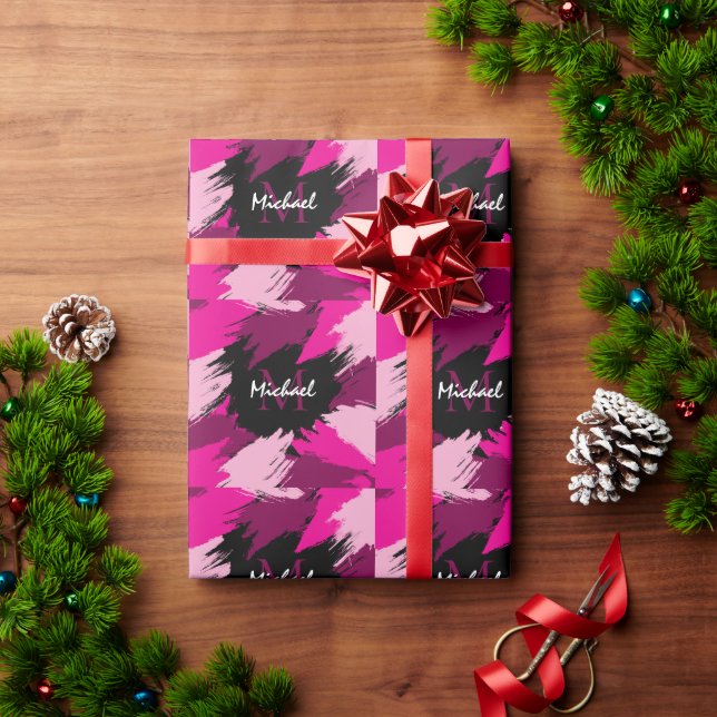 Pinselstriche in heißen rosa Farbtönen mit Monogra Geschenkpapier (Feiertagsgeschenk)