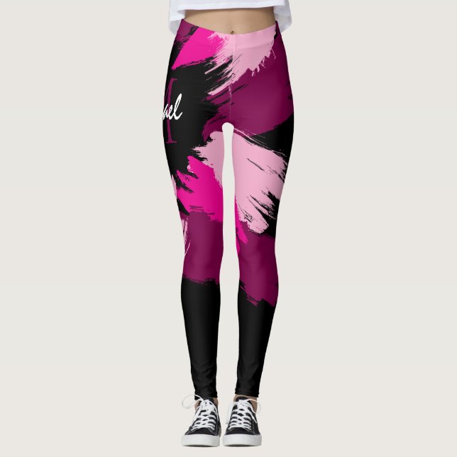 Pinselstriche in heißen rosa Farbtönen mit Monogra Leggings (Vorderseite)