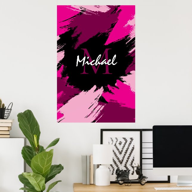 Pinselstriche in heißen rosa Farbtönen mit Monogra Poster (Heimbüro)