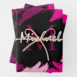 Pinselstriche in heißen Rosa-Tönen mit Monogramm Geschenkpapier Set