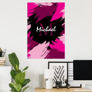 Pinselstriche in heißen Rosa-Tönen mit Monogramm Poster