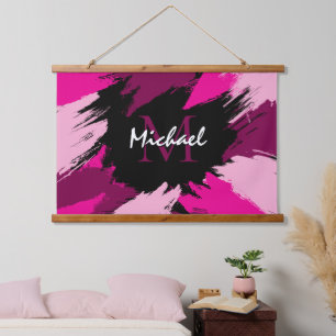 Pinselstriche in heißen Rosa-Tönen mit Monogramm Wandteppich Mit Holzrahmen