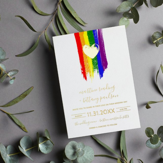 Pinselstriche Pride Flag & Goldenes Herz Hochzeit Folieneinladung (Von Creator hochgeladen)