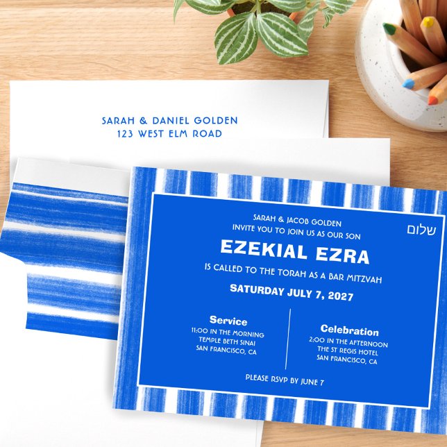 Pinselstriche Streifen Blue Custom Bar Bat Mitzvah Einladung (Brushstrokes Stripes Blue Custom Bar Bat Mitzvah Invitation
)