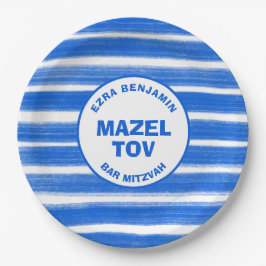 Pinselstriche Streifen Blue Custom Bar Bat Mitzvah Pappteller