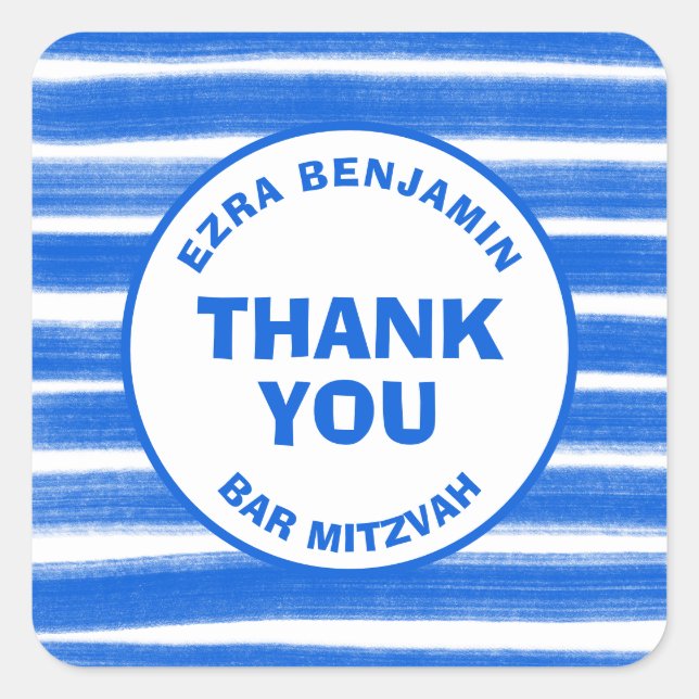 Pinselstriche Streifen Blue Custom Bar Bat Mitzvah Quadratischer Aufkleber (Vorderseite)