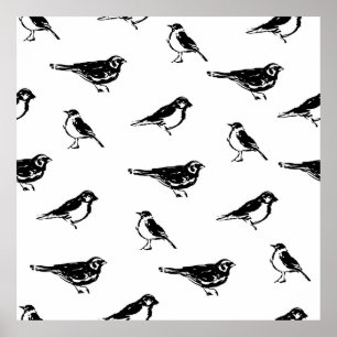 Pinselstrichvogel mit Vintager, nahtloser Musterko Poster