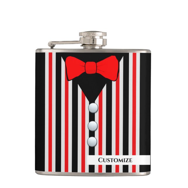 Pinstrichvest & Red Bow Krawatte Vinyl Wrapped Fla Flachmann (Vorderseite)