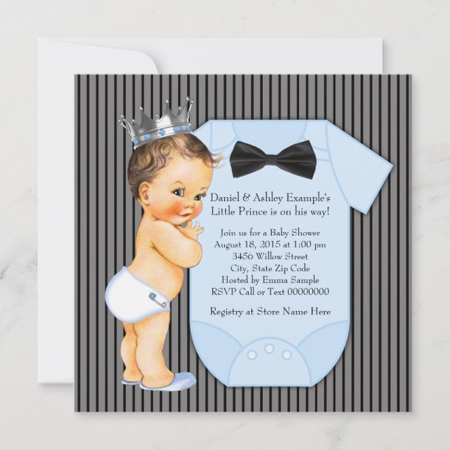 Pinstripe Black Blue Prince Baby Dusche Einladung (Vorderseite)