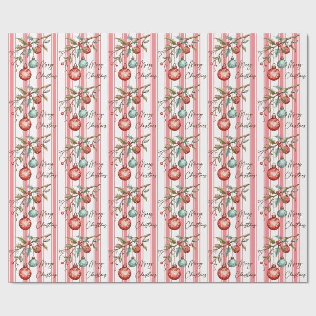 Pinstripe Wasserfarben Ornamente Frohe Weihnachten Geschenkpapier (Flach)