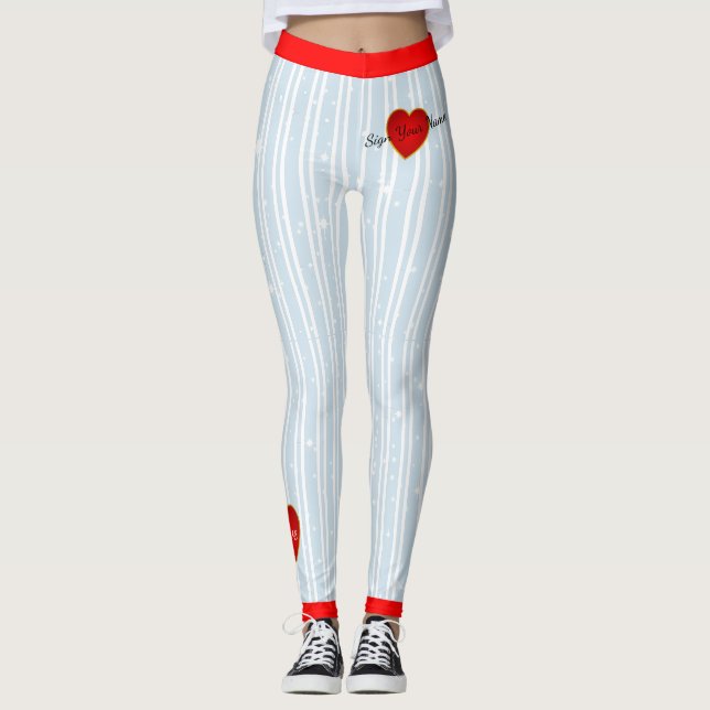 Pinstriped Sign Your Name Heart Blue(custom) Leggings (Vorderseite)