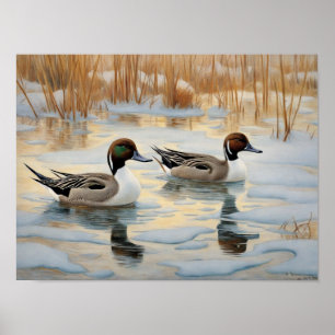 Pintail Encks auf dem Snowy Pond Poster