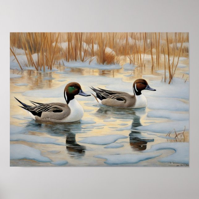 Pintail Encks auf dem Snowy Pond Poster (Vorne)