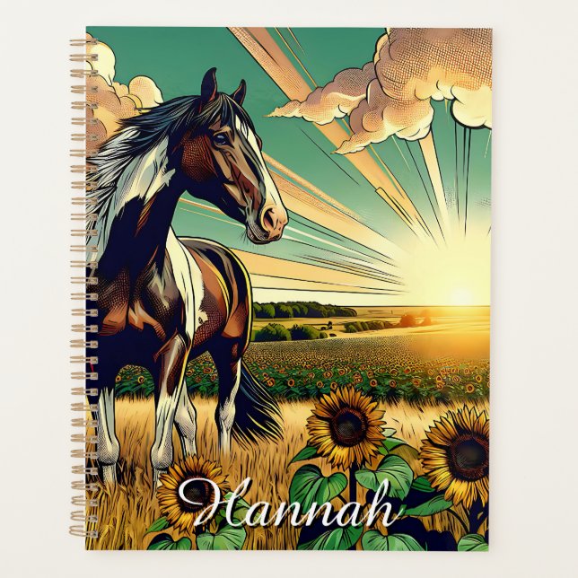 Pinto Pferd in einem Sonnenblumenfeld Personalisie Planer (Vorderseite)
