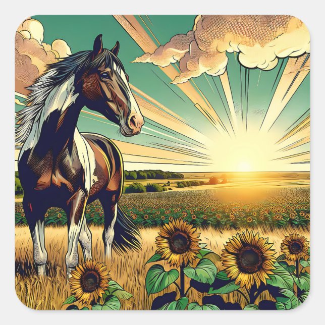 Pinto Pferd in einem Sonnenblumenfeld Quadratischer Aufkleber (Vorderseite)