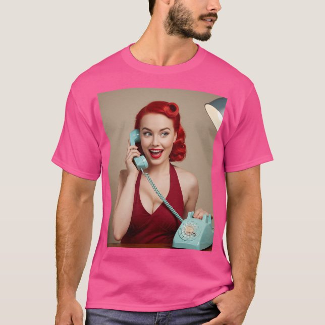 Pinup Girl on Phone T - Shirt (Vorderseite)