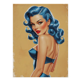 Pinup-Plakat mit blauen Haaren im Trikot Poster