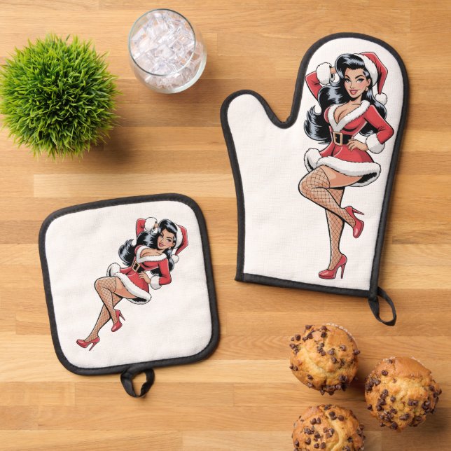 Pinup Santa Babe Ofenhandschuh & Topflappen-Set (Oben Unten)