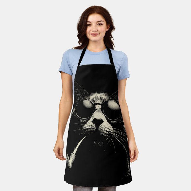 Pipe Cat - Coole Retro-Katze Grafik Monochrom Schürze (Getragen)