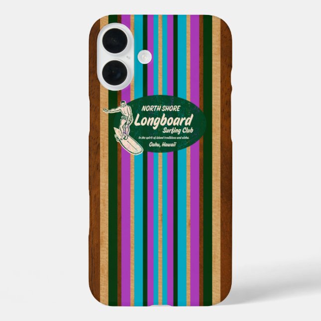 Pipeline Surfboard Hawaiian Streifen Lila iPhone 16 Plus Hülle (Rückseite)