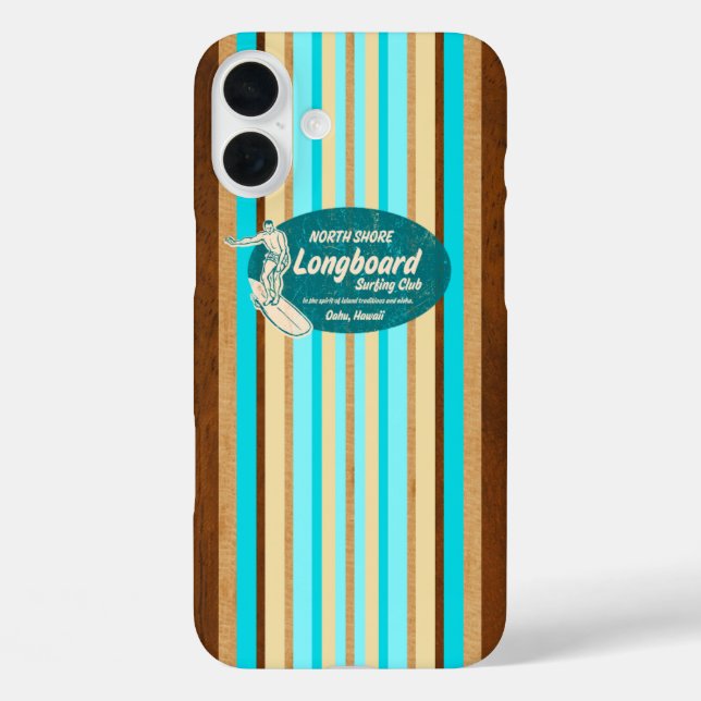 Pipeline Surfboard Hawaiian Stripes Aqua  iPhone 16 Plus Hülle (Rückseite)