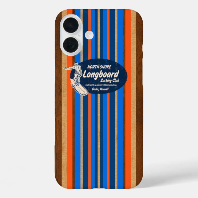 Pipeline Surfboard Hawaiian Stripes Royal Blue iPhone 16 Plus Hülle (Rückseite)