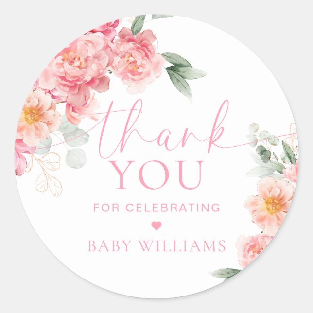 Piper Peony Floral Baby Dusche Vielen Dank für Ihr Runder Aufkleber (Vorderseite)