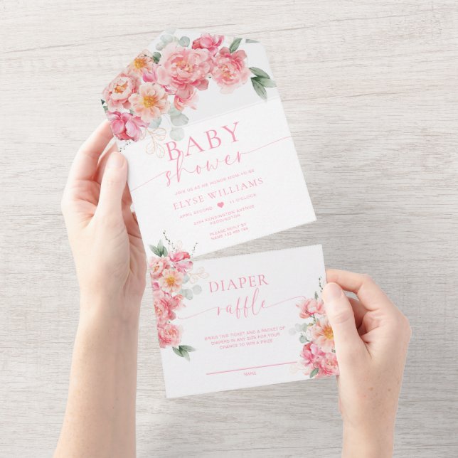 Piper Peony Floral Baby Shower All In One Einladung (Abreißen)